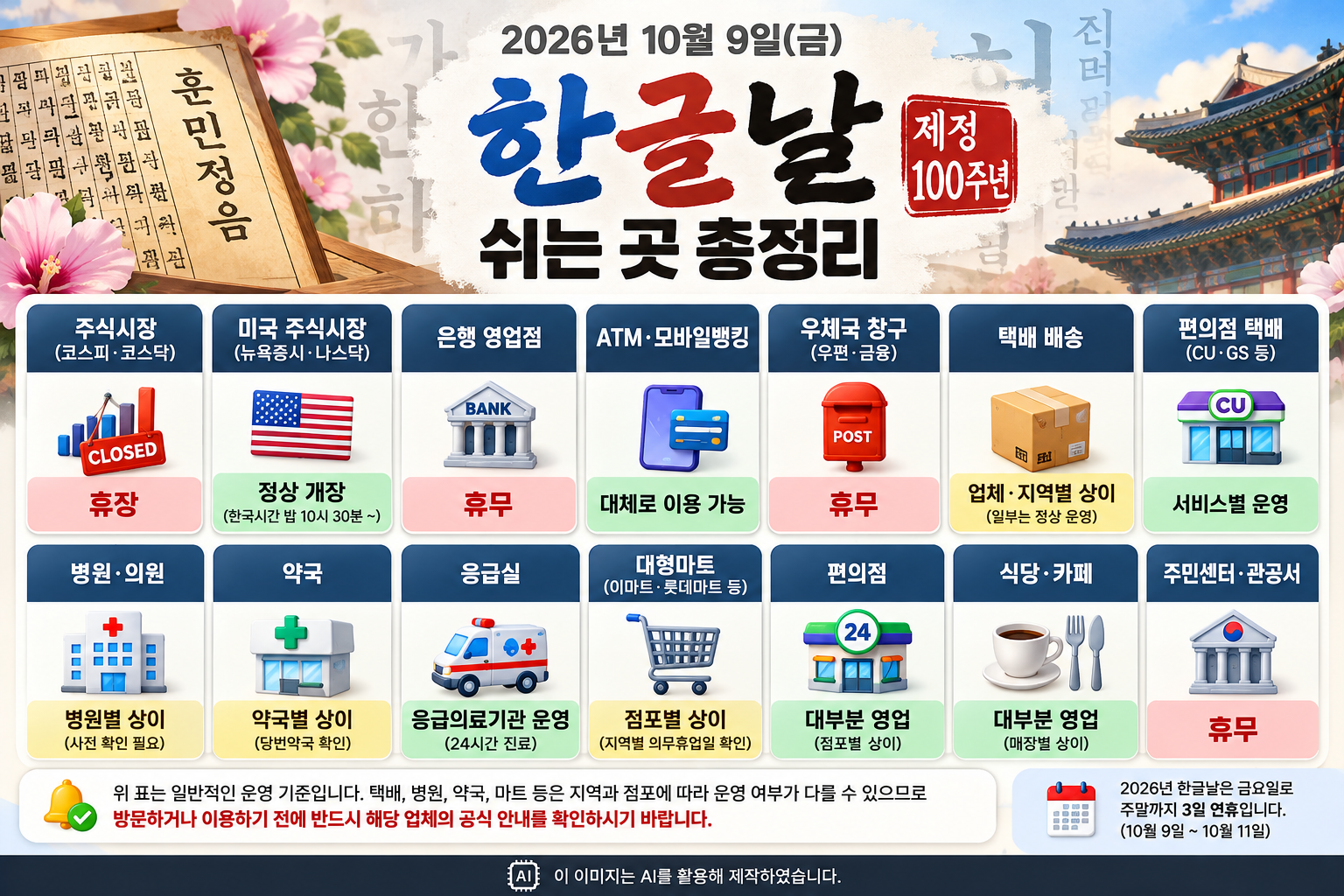 2026년 10월 9일 한글날 제정 100주년 기념 이미지와 국내외 주식시장, 은행, 우체국, 택배, 병원, 약국, 대형마트 등 주요 시설의 공휴일 휴무 및 정상 운영 여부를 정리한 안내 이미지