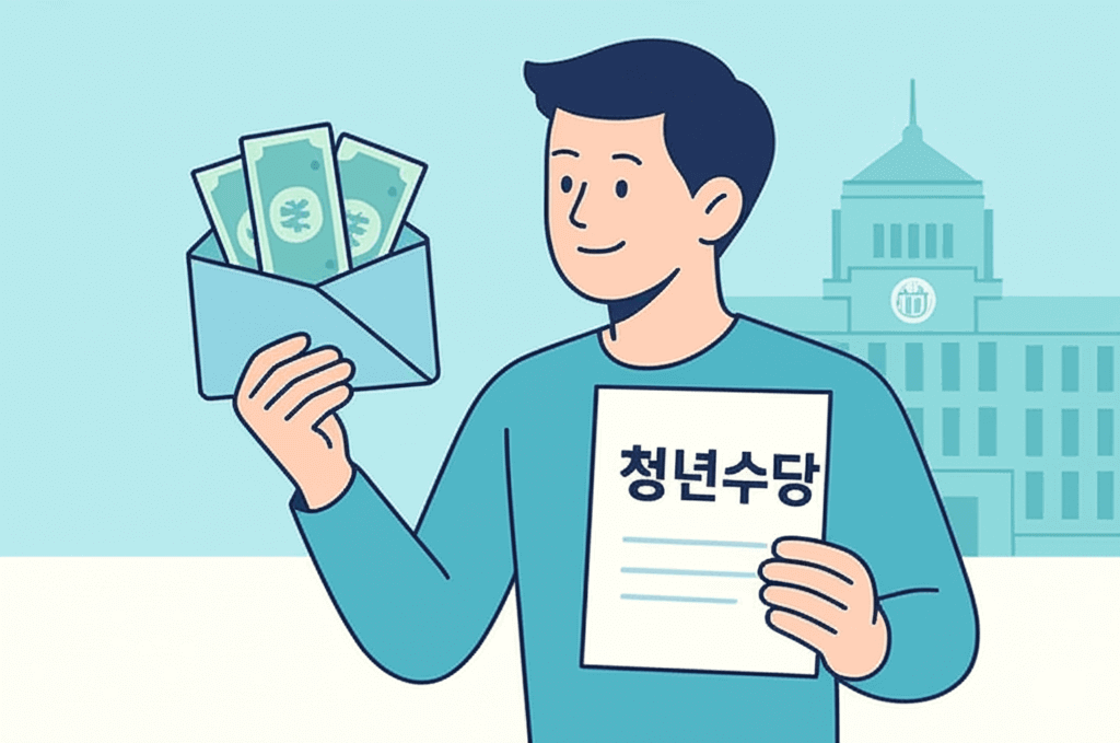 청년수당 안내문과 봉투에 든 현금을 들고 있는 남성의 일러스트, 관공서 배경 포함