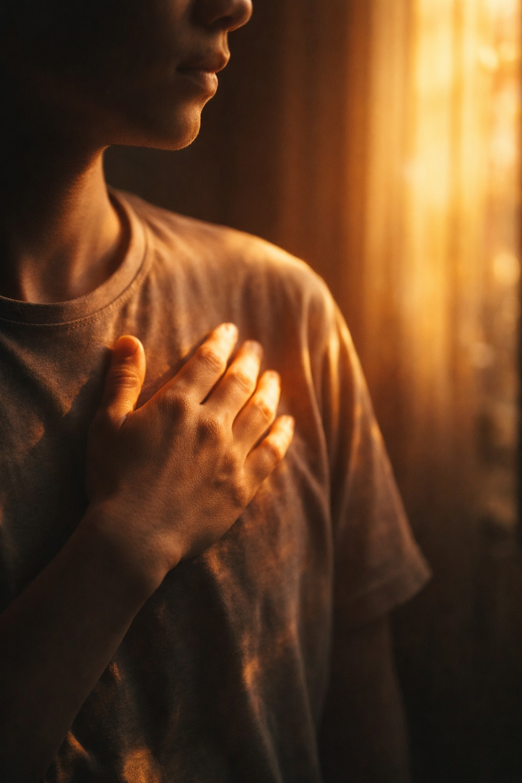 따뜻한 빛 속에서 가슴에 손을 올린 인물, 감정의 기억과 &lsquo;아리다&rsquo;는 감각, 그리고 언어를 넘어 공유되는 아리랑의 정서를 상징하는 장면