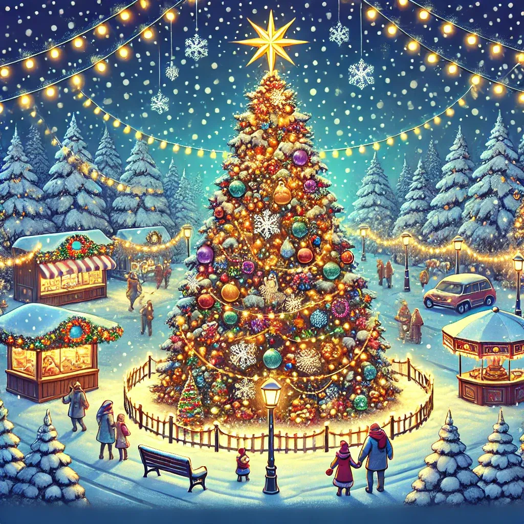 눈 내리는 야외 마켓과 크리스마스 PE트리