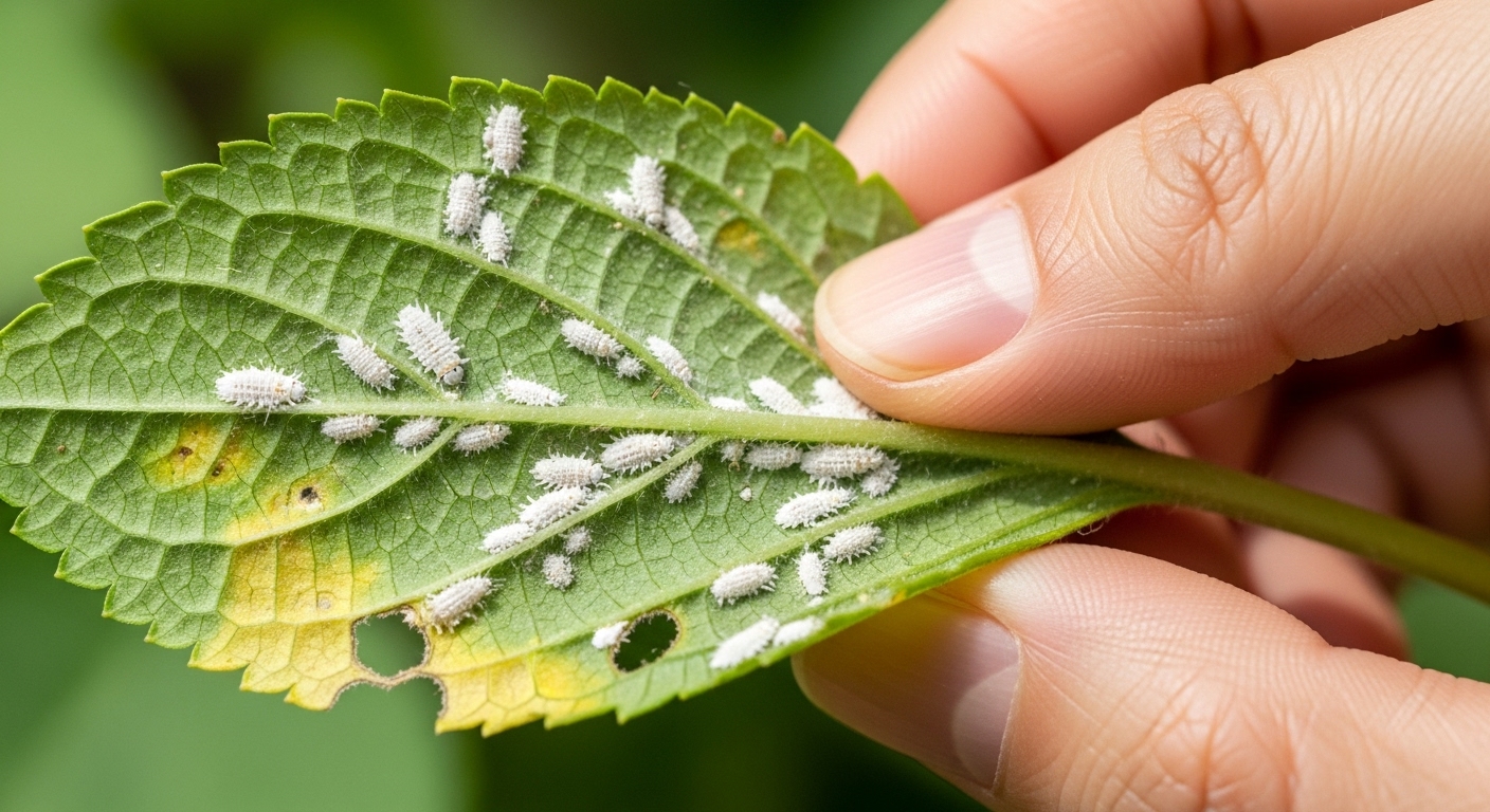 식물 잎 뒷면에 하얀 솜뭉치처럼 붙어 있는 깍지벌레를 자세히 관찰하는 모습. 식물 병충해 자가 진단의 중요성을 보여준다.