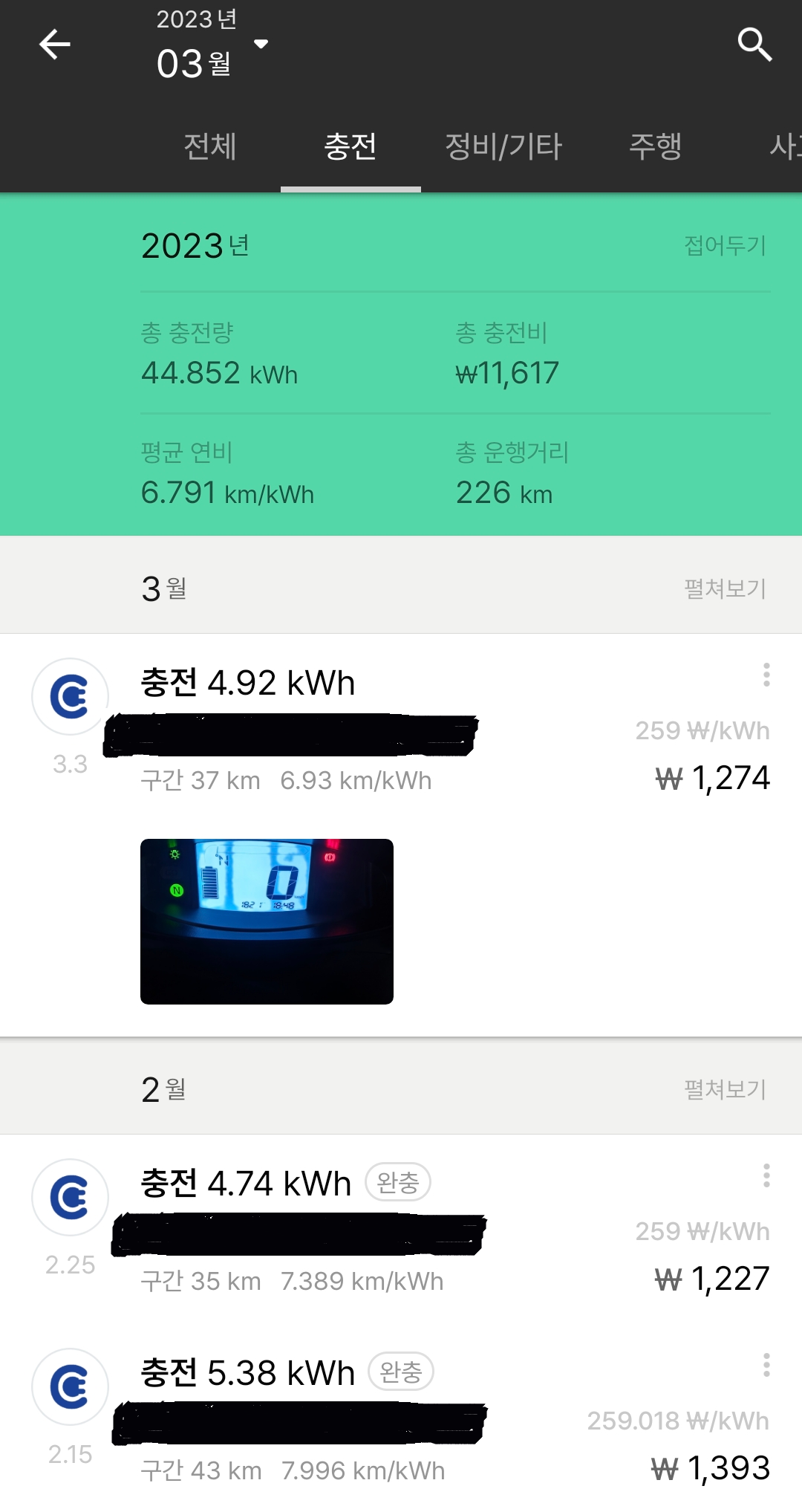 트위지 1월 2일부터 3월 3일까지 충전내역및 주행거리 그리고 전비