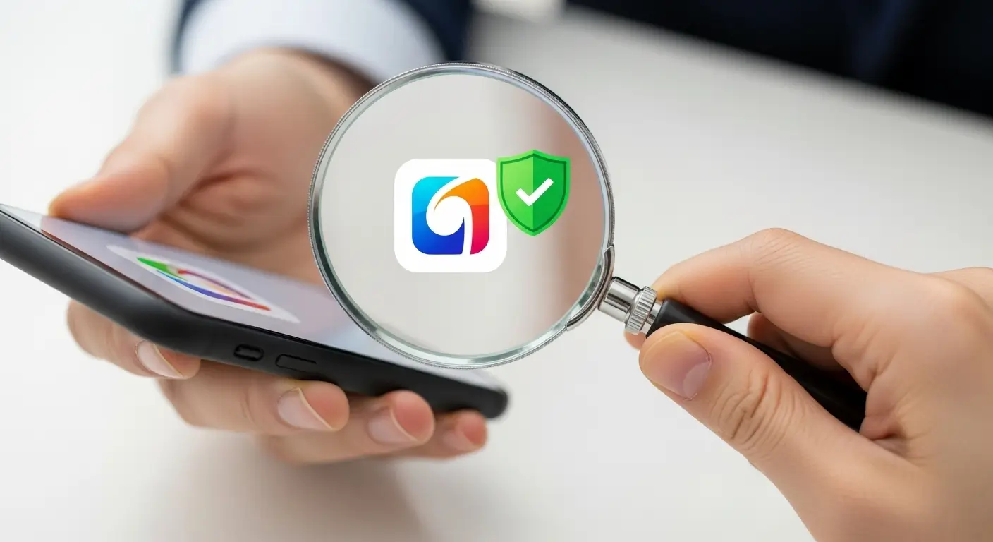 스마트폰으로 대부업체를 검색하며, 돋보기로 정식 등록 여부(안전)를 확인하는 모습