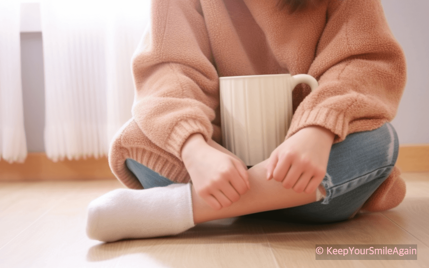 커다란 머그컵으로 손과 발을 따뜻하게 데우는 중