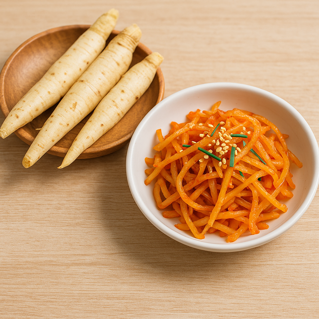 도라지무침과 생도라지 나란히 놓인 모습