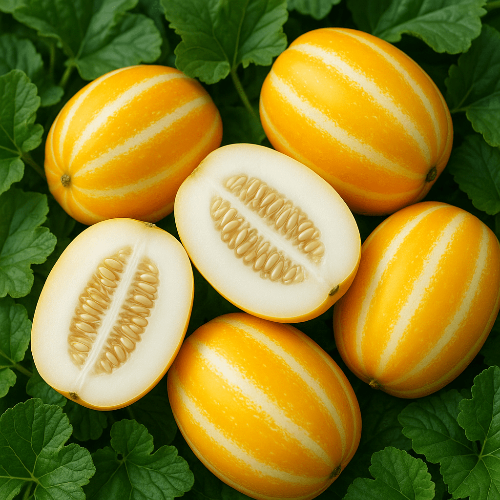 반으로 잘린 참외와 온전한 참외 여러개