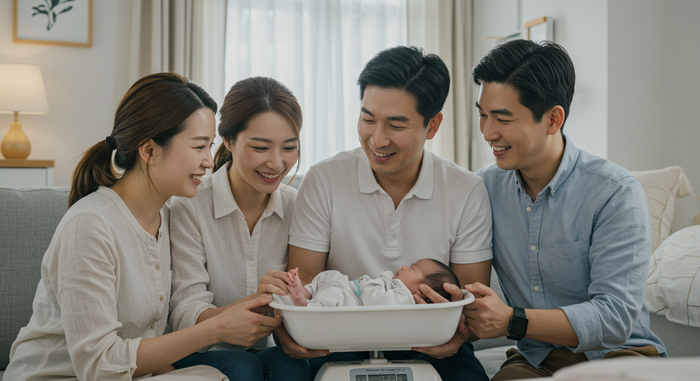 가족이 아기 체중 재는 장면