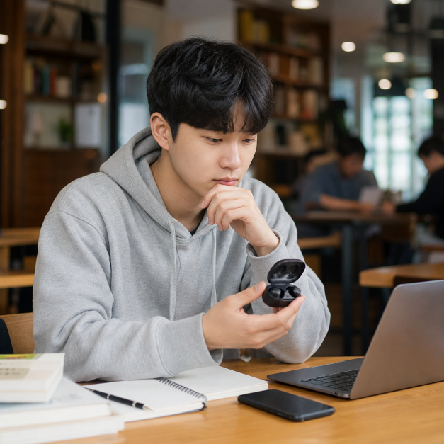 갤럭시버즈 상황을 확인하는 한국인 실사 이미지 1