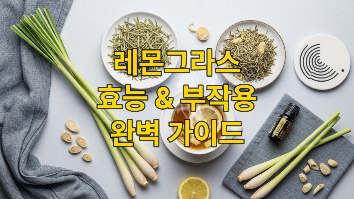 싱그러운 레몬그라스 줄기, 말린 잎, 따뜻한 레몬그라스 차 한 잔, 에센셜 오일 병이 조화롭게 놓인 건강하고 편안한 분위기의 사진.
