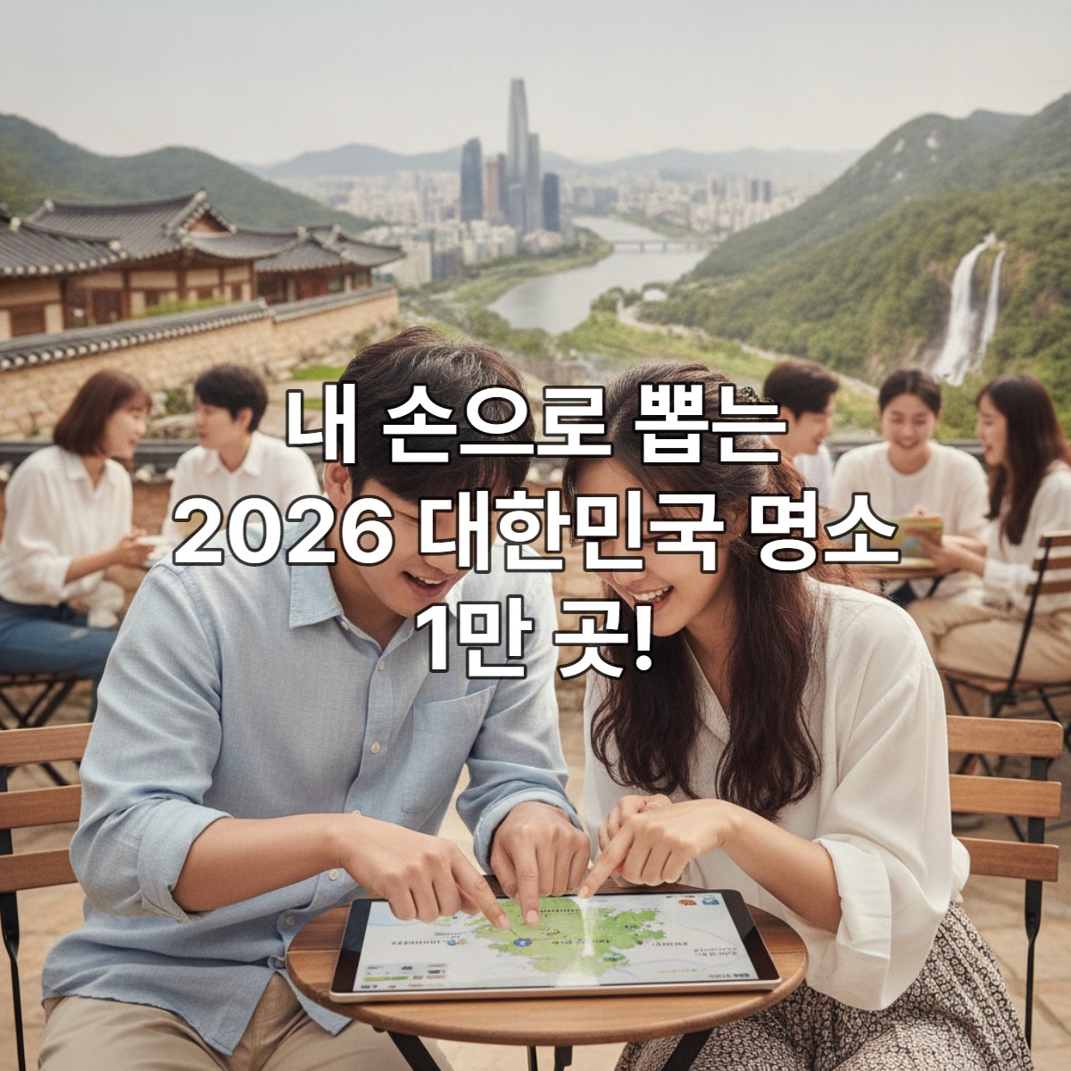 대한민국 명소 발굴 100X100 프로젝트 투표에 참여하는 젊은 한국인 커플이 태블릿으로 지도앱을 보며 여행지를 탐색하는 모습. 배경에는 다양한 한국의 아름다운 풍경들이 펼쳐져 있습니다.