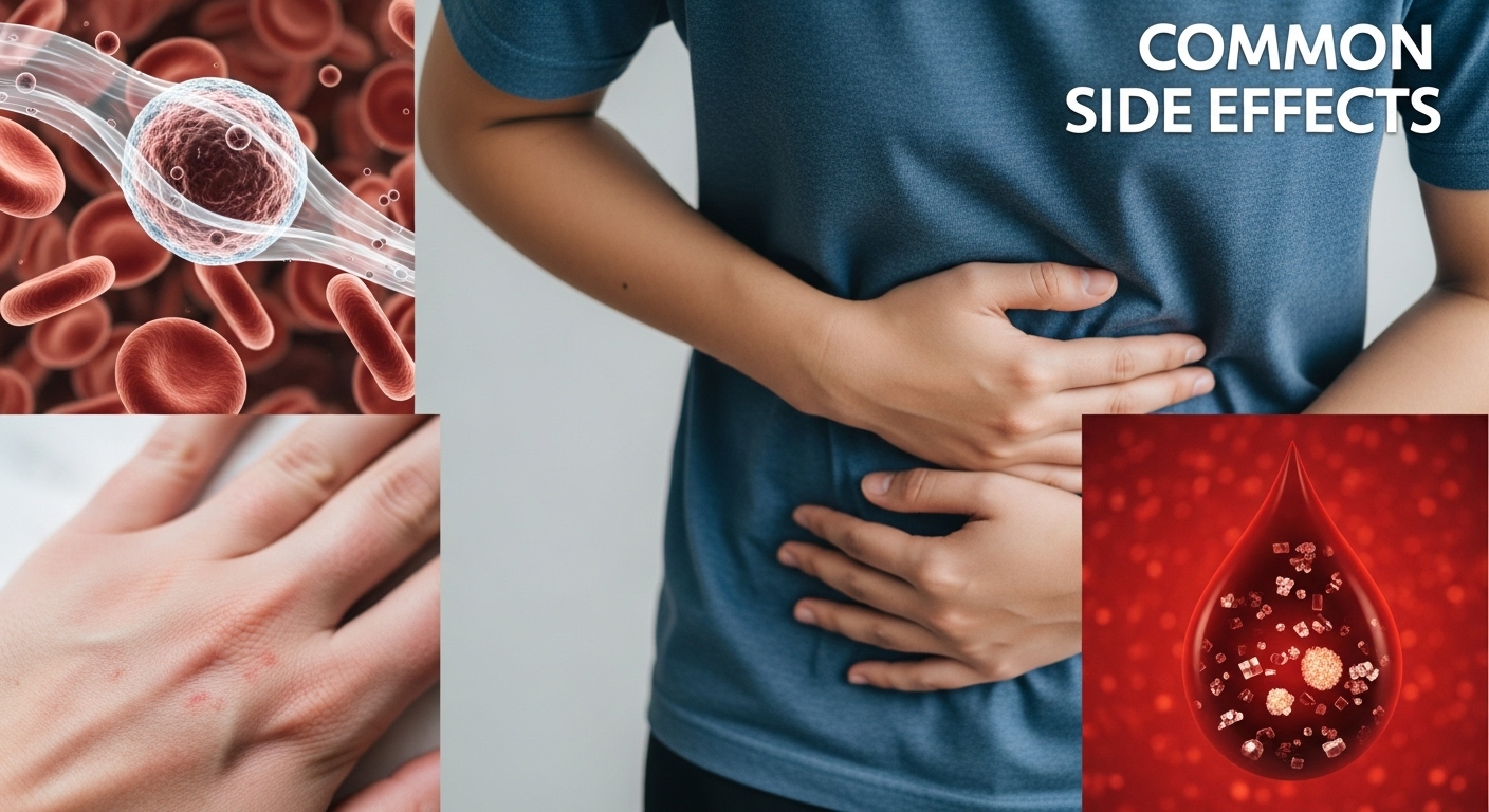 콘드로이친의 주요 부작용(소화 불량, 혈액 응고, 알레르기, 혈당 변화)을 상징하는 시각적 요소들.