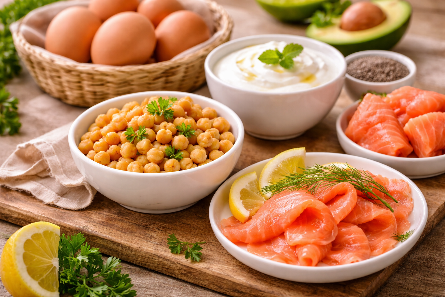 다양한 단백질 급원 식품인 달걀, 콩, 연어, 요거트가 정갈하게 놓인 건강 식단 이미지
