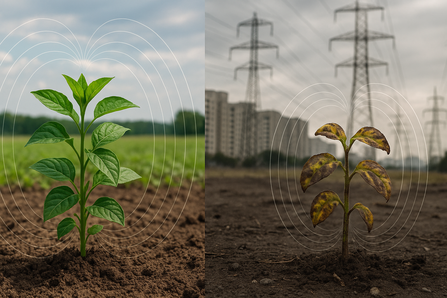녹색의 식물이 농촌 지역에서 자라고 있는 모습과, 도심의 고압선 근처에서 변색된 식물이 자라고 있는 모습(Ai생성이미지)