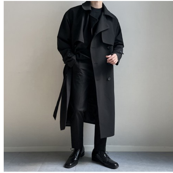 남자 구김없는 오버핏 롱 트렌치 코트