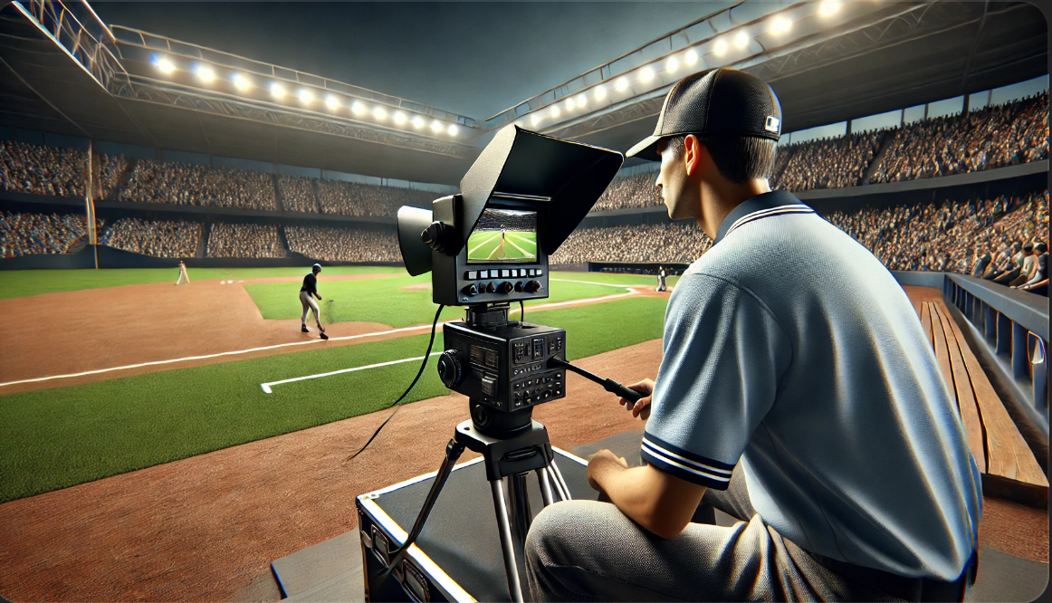 프로야구 경기 중 비디오 판독을 사용하는 심판의 모습