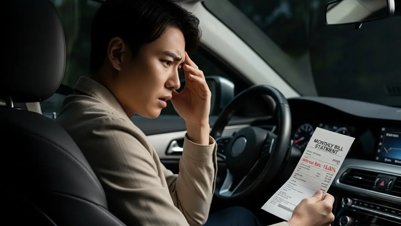 높은 자동차 할부 이자 고지서를 보며 한숨 쉬는 차주와 이를 해결할 방법을 찾는 모습