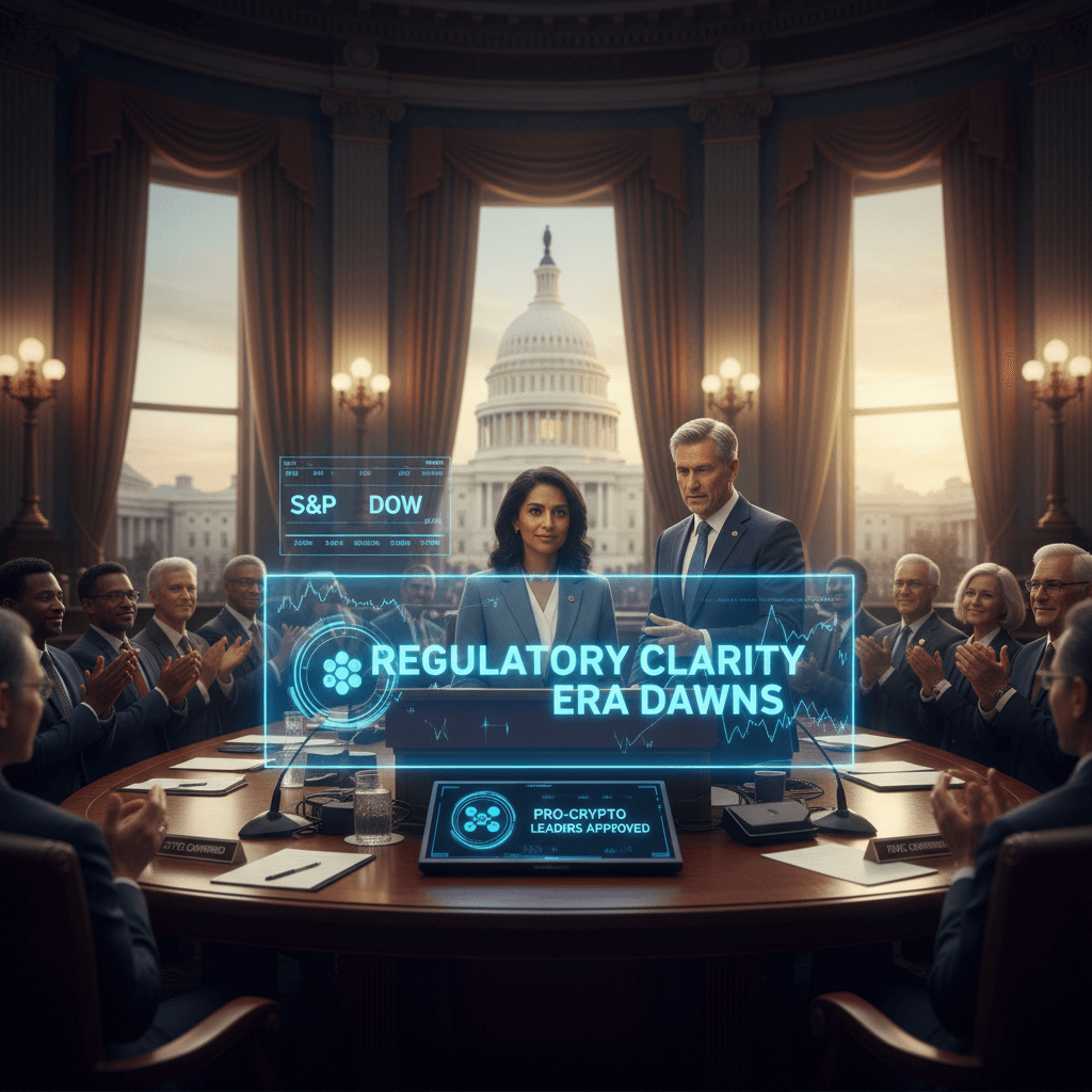 미국 의사당을 배경으로 한 회의에서 홀로그램에 "암호화폐 규제 명확화 시대 도래" 문구가 표시되고 사람들이 박수 치는 모습