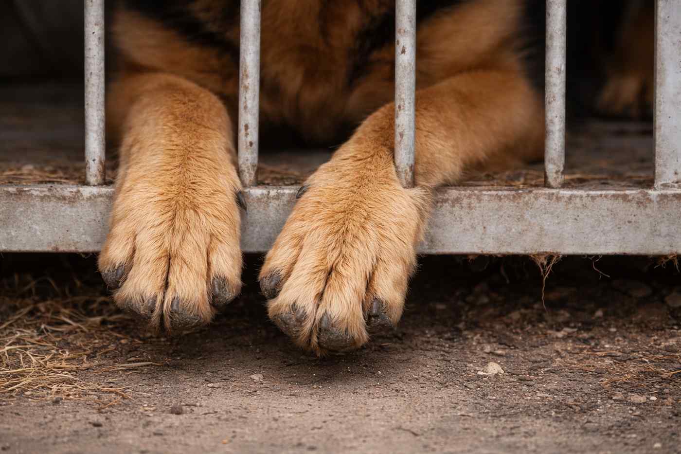 철창 너머로 늘어진 개의 앞발을 클로즈업한 사진으로, 동물학대 금지와 보호 책임의 중요성을 상징적으로 보여준다