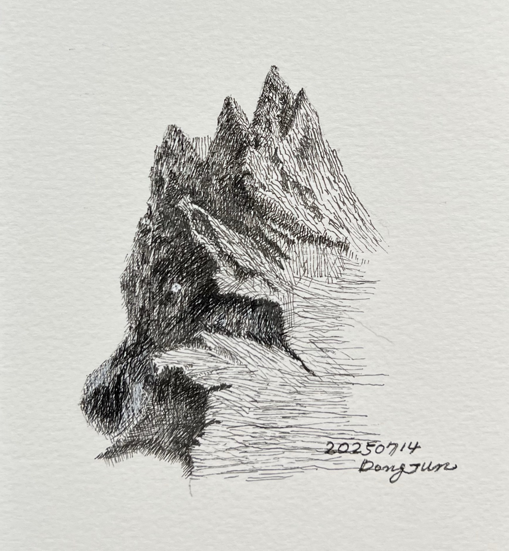 바위산 펜화 묘사