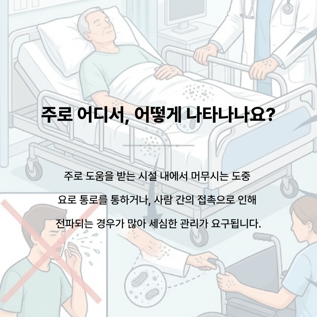 입원 중인 환자와 주변 환경, 비말이 아닌 접촉 감염을 나타내는 일러스트 배경. 텍스트 '주로 어디서, 어떻게 나타나나요? 주로 도움을 받는 시설 내에서 머무시는 도중 요로 통로를 통하거나, 사람 간의 접촉으로 인해 전파되는 경우가 많아 세심한 관리가 요구됩니다.