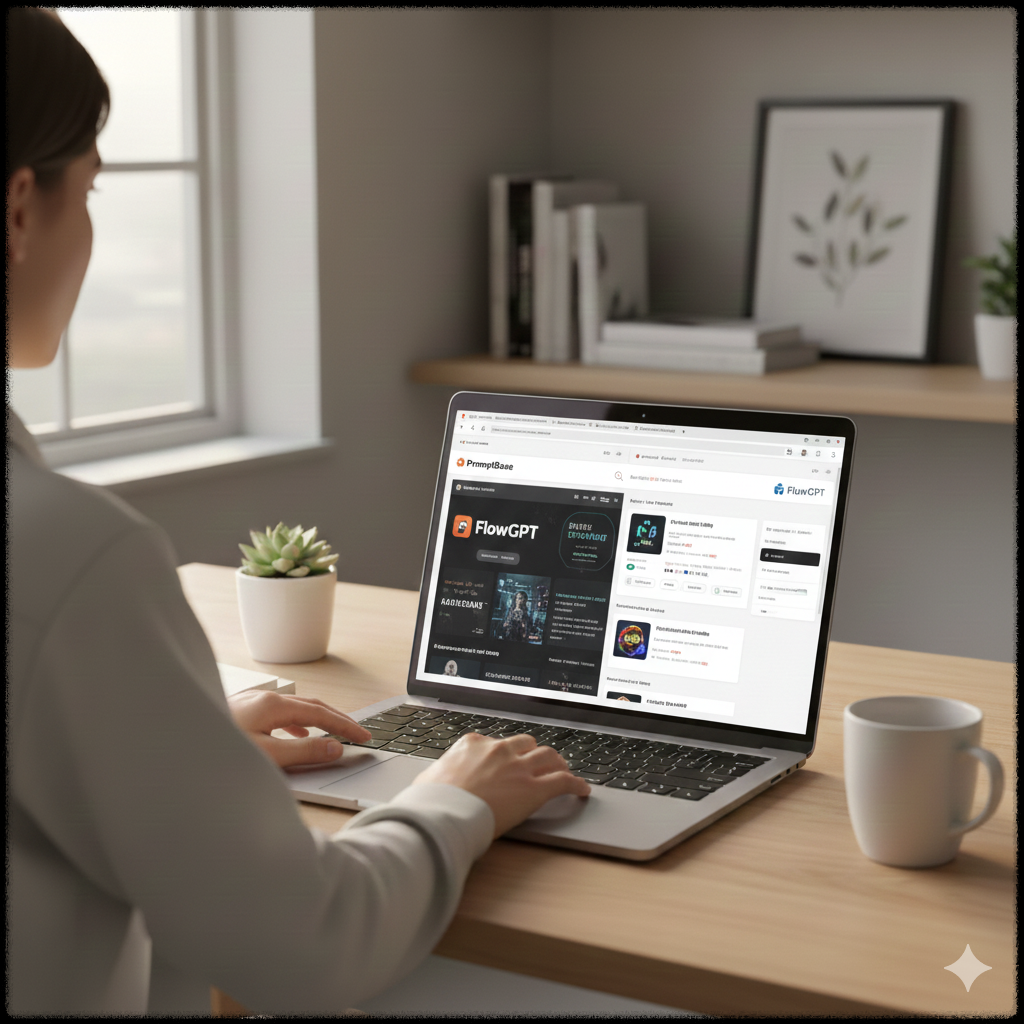 PromptBase와 FlowGPT 플랫폼을 살펴보는 작업 모습