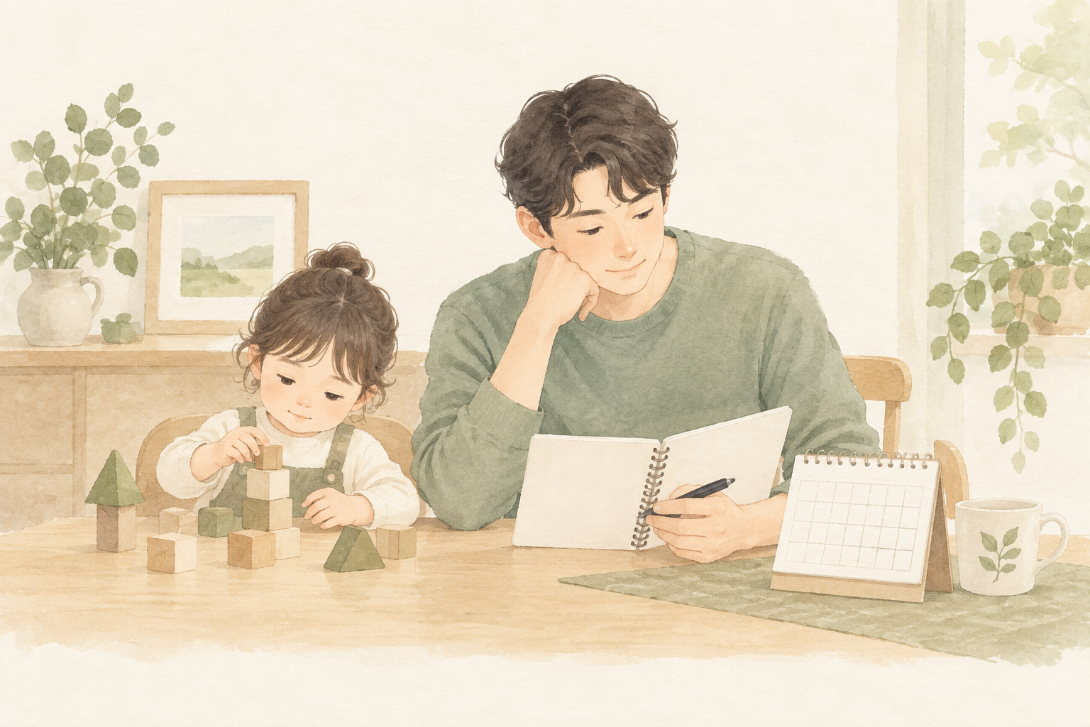 아이 곁에서 달력과 메모장을 보며 치료 일정을 정리하는 아빠의 수채화 삽화
