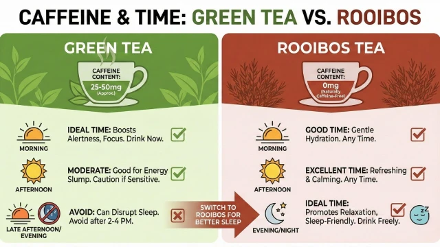 녹차 카페인 25-50mg과 루이보스 0mg을 비교한 인포그래픽