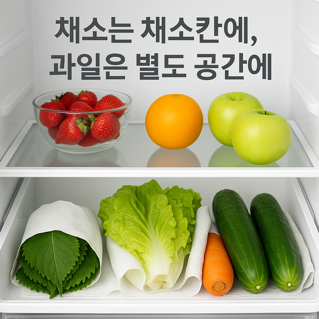 냉장고 내부에 과일과 채소가 명확하게 구분되어 정리된 모습. 상단에는 딸기 오렌지 청사과가 진열되어 있고 하단 채소칸에는 깻잎 상추 당근 오이가 키친타월에 감싸져 각각 정렬되어 있음. 채소는 채소칸에 가는 문구가 강조된 이미지