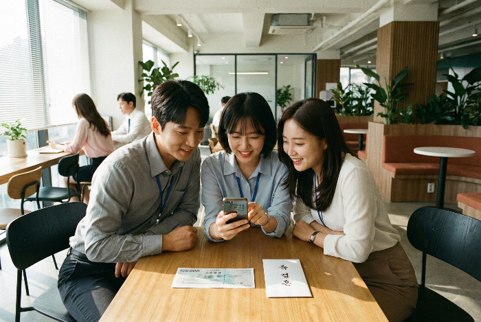 직장 내에서 축의금 기준을 고민하며 소통하는 동료들의 모습.
