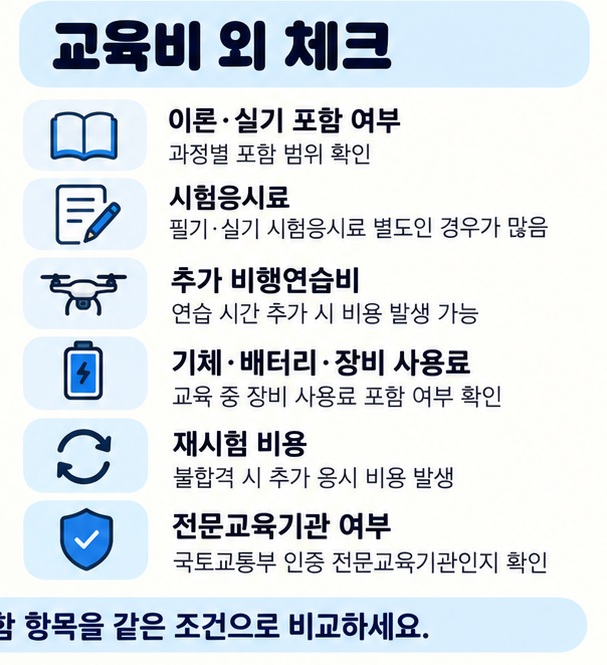 이론 실기 포함 여부 시험응시료 추가 비행연습 장비 사용료 재시험 비용 전문교육기관 여부를 확인하는 체크리스트 이미지