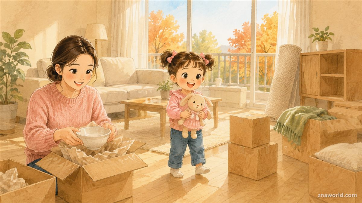 새 집에서 이사 짐을 푸는 엄마와 아이