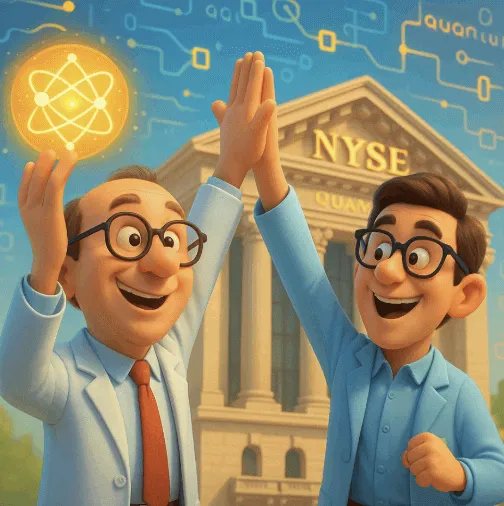 NYSE라는 간판이 붙은 건물 앞에서 양자 큐비트를 들고 하이파이브하는 과학자 캐릭터들 이미지. 이 이미지는 세계 최초 상장 양자 컴퓨터 기업 아이온큐(IonQ)의 창립자들이 기술과 자본의 만남을 상징적으로 표현한 장면을 시각적으로 전달하며, 블로그의 ‘IonQ 창업 스토리’와 관련된 내용을 설명함 (ionq, spac, quantum computer, nyse, founders)