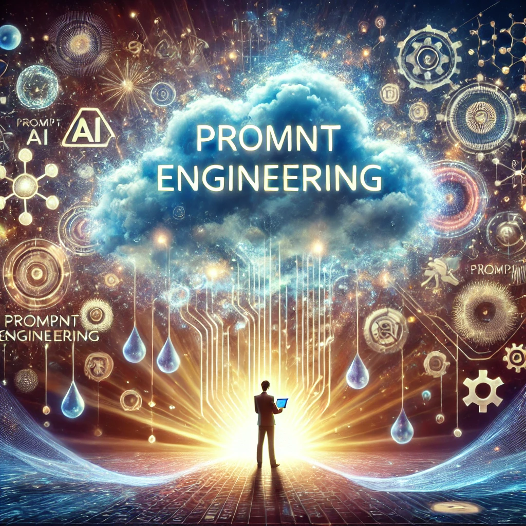 람이 빛나는 아이디어 포털 앞에 서서 허공에 단어를 타이핑한다. 단어는 데이터 스트림이 되어 구름 형태의 AI 존재로 흘러들어가며, 그곳에서 빛나는 아이콘과 형상이 생성된다. 판타지와 기술이 혼합된 초현실적 예술 스타일.