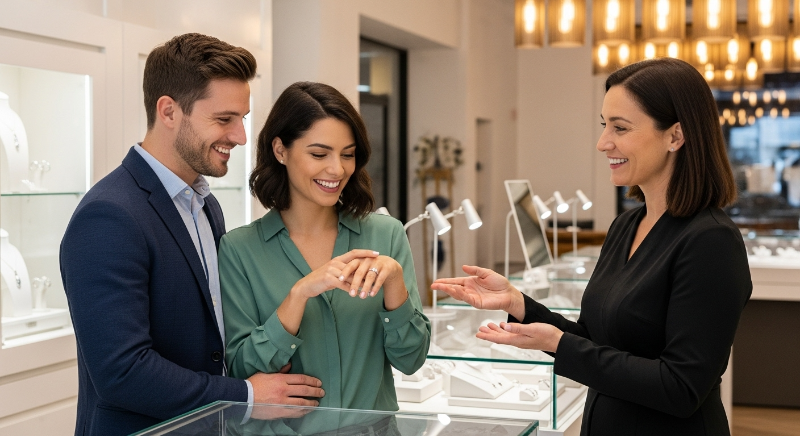 현대적인 보석상에서 한 커플이 1캐럿 랩 다이아몬드 약혼반지를 보며 만족스럽게 웃고 있습니다. 판매원이 친절하게 설명하고 있습니다.