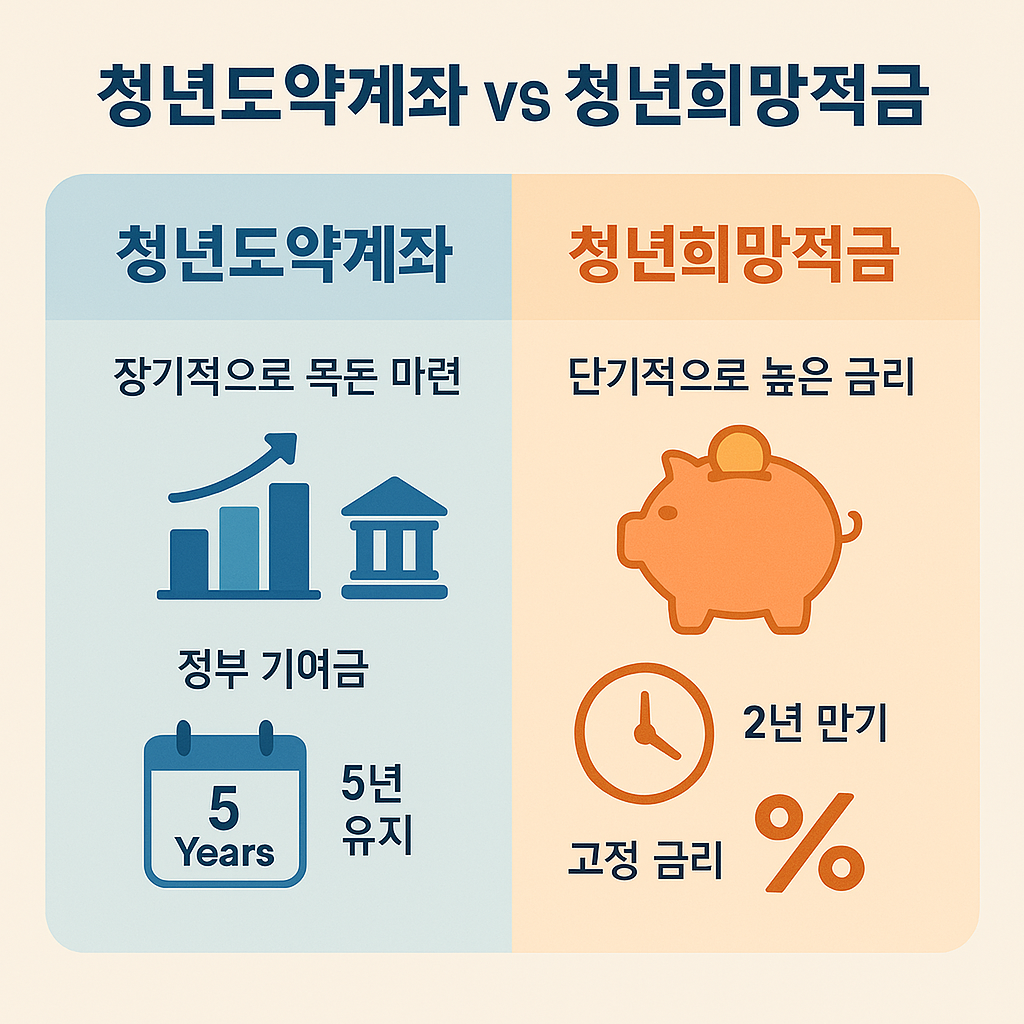 청년도약계좌와 청년희망적금 비교 인포그래픽 - 장기 저축과 단기 고금리 적금의 차이점을 정리한 이미지