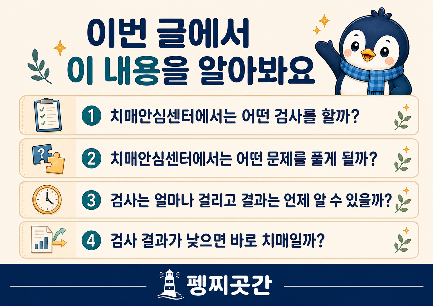 치매안심센터 인지선별검사의 내용과 시간,
결과를 설명하는 네 개의 포스팅 목차
