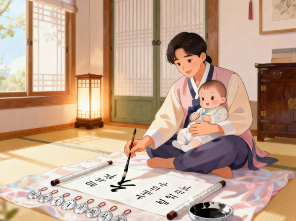 한옥에서 아기를 안고 작명하는 아버지의 모습 - 신생아 이름 짓기와 작명 준비 관련 일러스트
