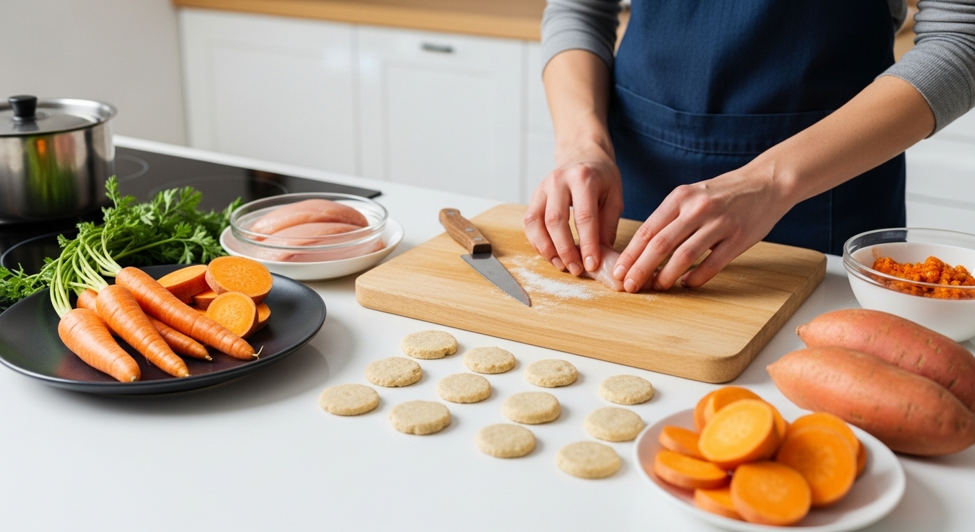깨끗한 주방에서 신선한 닭가슴살과 채소로 반려동물 수제 간식을 만들고 있는 모습