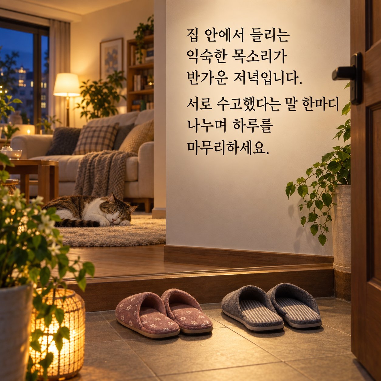가족에게 보내는 따뜻한 저녁 인사 이미지 9 — 집 안에서 들리는 익숙한 목소리가 반가운 저녁입니다. 서로 수고했다는 말 한마디 나누며 하루를 마무리하세요.
