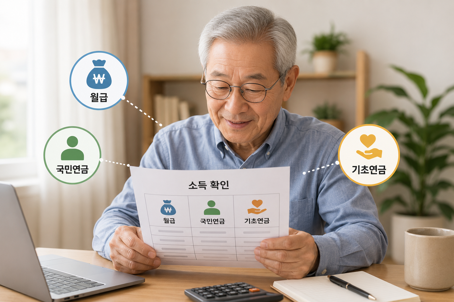 월급과 국민연금, 기초연금을 함께 확인하는 65세 이상 어르신