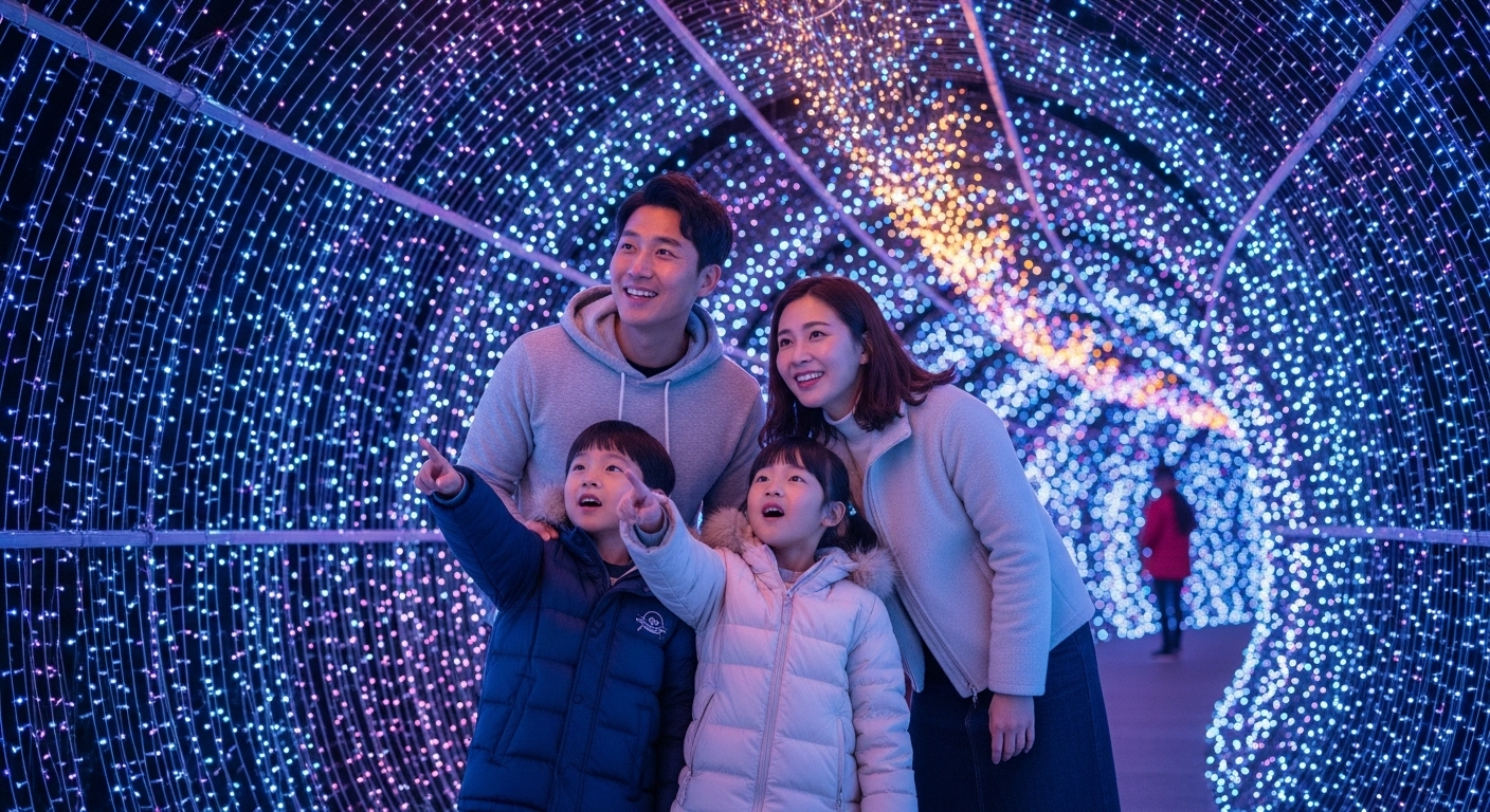 밀양 트윈터널 내부에서 화려한 빛 조형물들을 감상하며 즐거워하는 가족의 모습. 따뜻한 실내에서 아이들이 신기해하며 빛을 바라보고 있다.