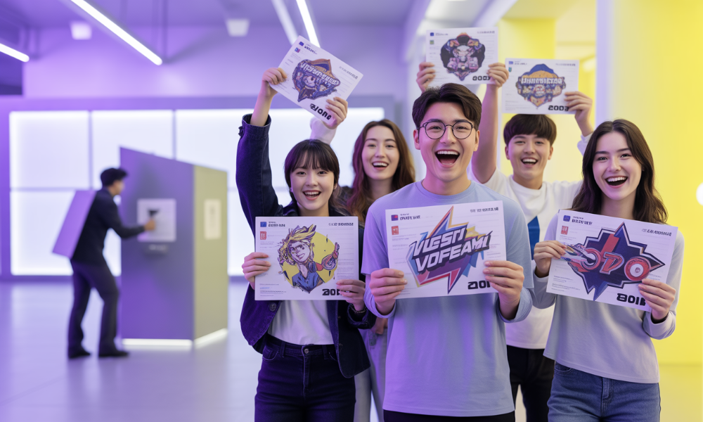 다양한 MZ세대가 각자의 개성을 담은 투표 인증 용지를 들고 활기차게 서 있는 모습, 캐릭터, 스포츠 로고, AI 디자인 등 창의적인 요소가 돋보이며 투표 참여를 독려하는 분위기를 나타냄.