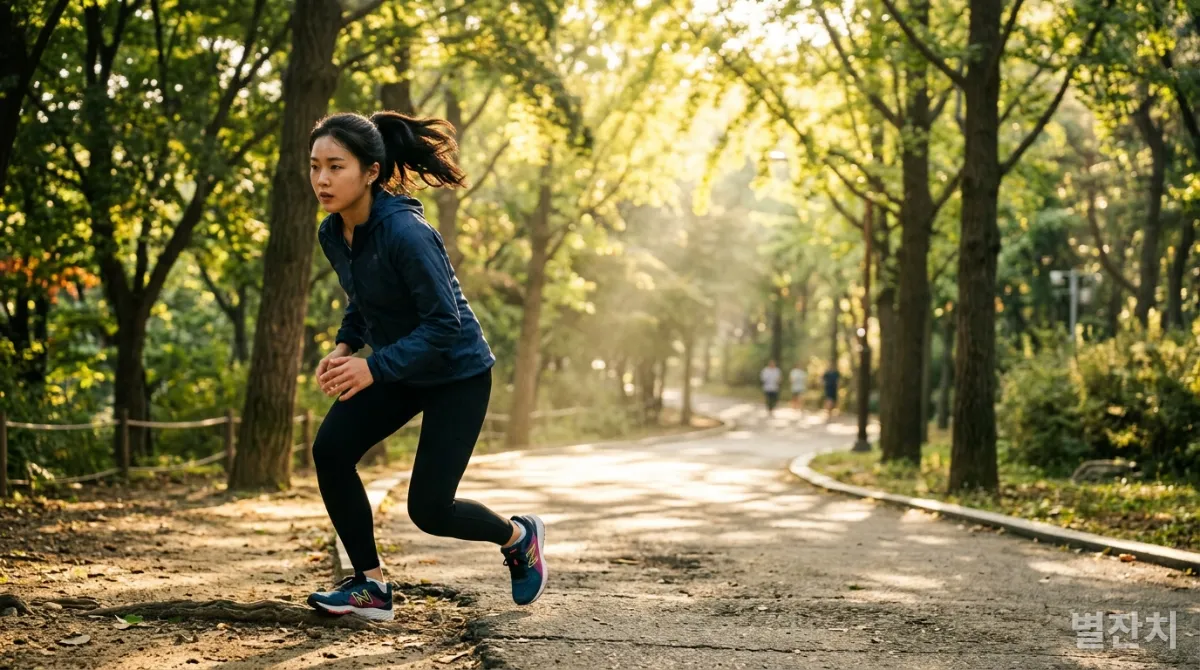 공원에서 조깅 중 넘어진 후 다시 일어서는 한국인 청년의 회복 탄력성