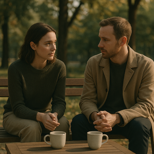 늦은 오후 햇살 아래, 공원 벤치에서 따뜻한 차를 나누며 조용히 대화하는 두 사람의 모습