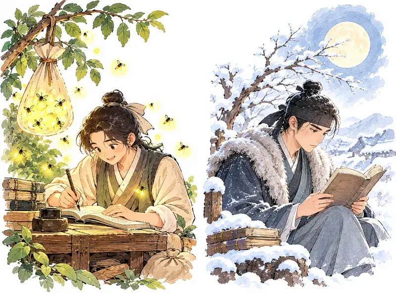 A split-scene illustration of Cha Yun studying by the glow of fireflies on a summer night and Sun Kang reading by moonlight reflected on snow during winter, symbolizing perseverance and dedication to learning