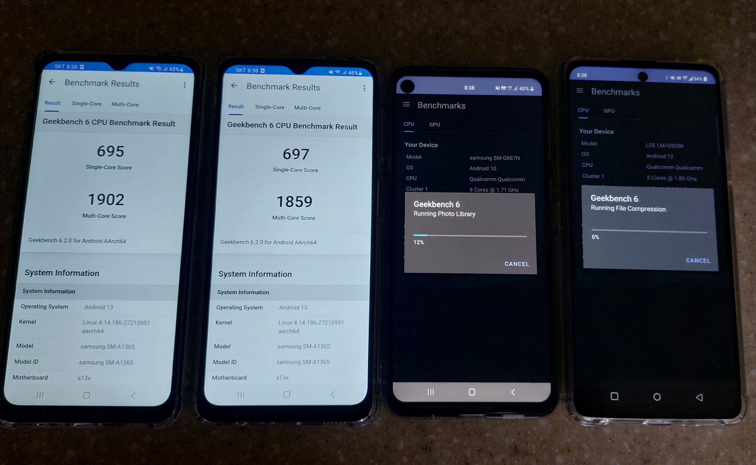 추가로 집에 여분의 폰들 긱벤치 돌리는중