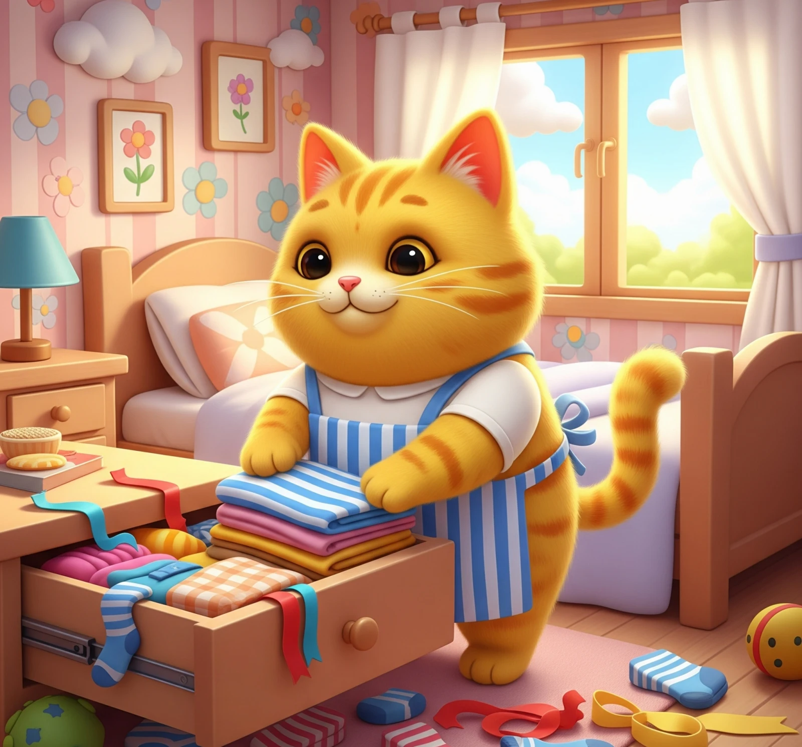 서랍을 정리하는 고양이 그림, Illustration of a cat organizing a drawer