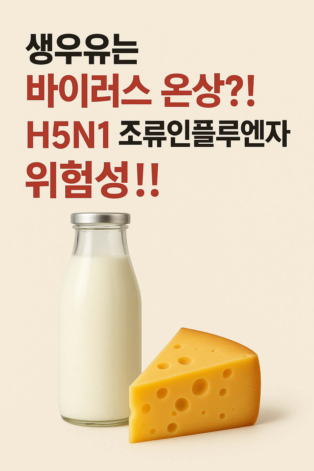 생우유는 바이러스 온상?! 조류인플루엔자의 위험성 문구가 담긴 우류와 치즈 이미지가 삽입된 그림