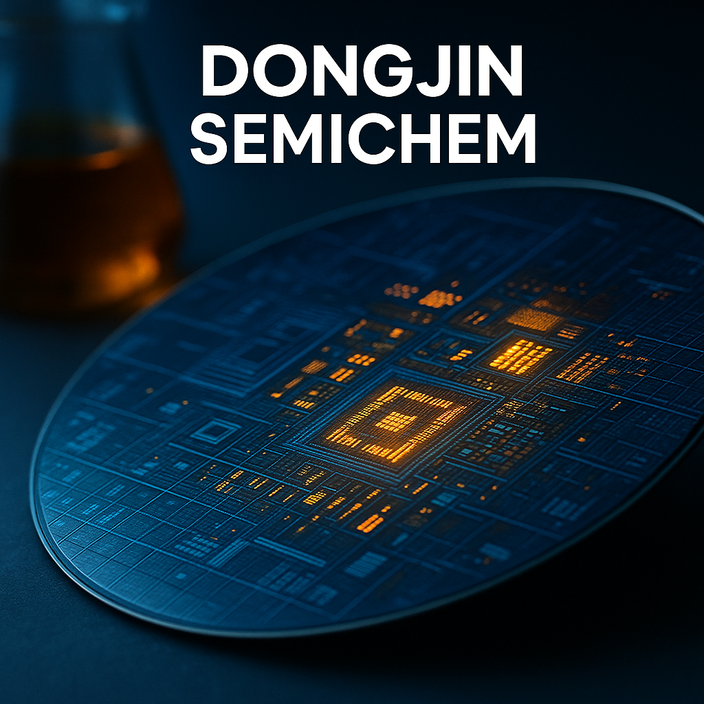 “반도체 웨이퍼 위에 회로 패턴이 새겨지는 모습을 배경으로, 동진쎄미켐 로고 또는 반도체 공정 이미지를 연상시키는 썸네일”