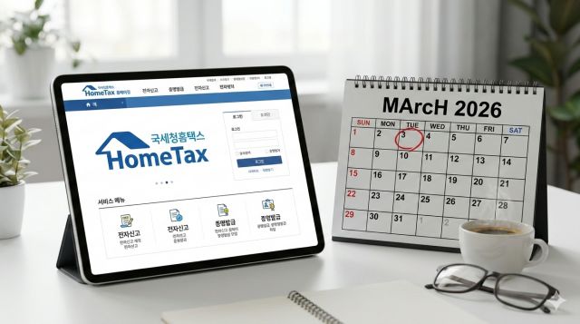 2026년 3월 근로장려금 반기 신청 시작일을 표시한 달력과 홈택스 접속 화면